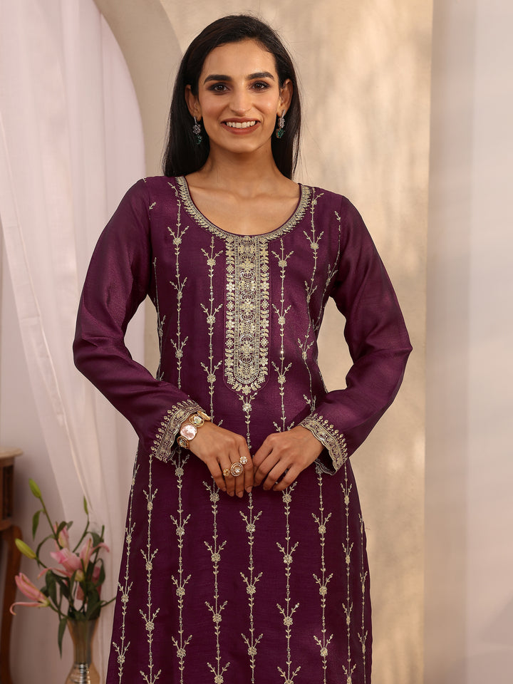 Burgundy Embroidered Silk blend Straight Suit Set With Dupatta