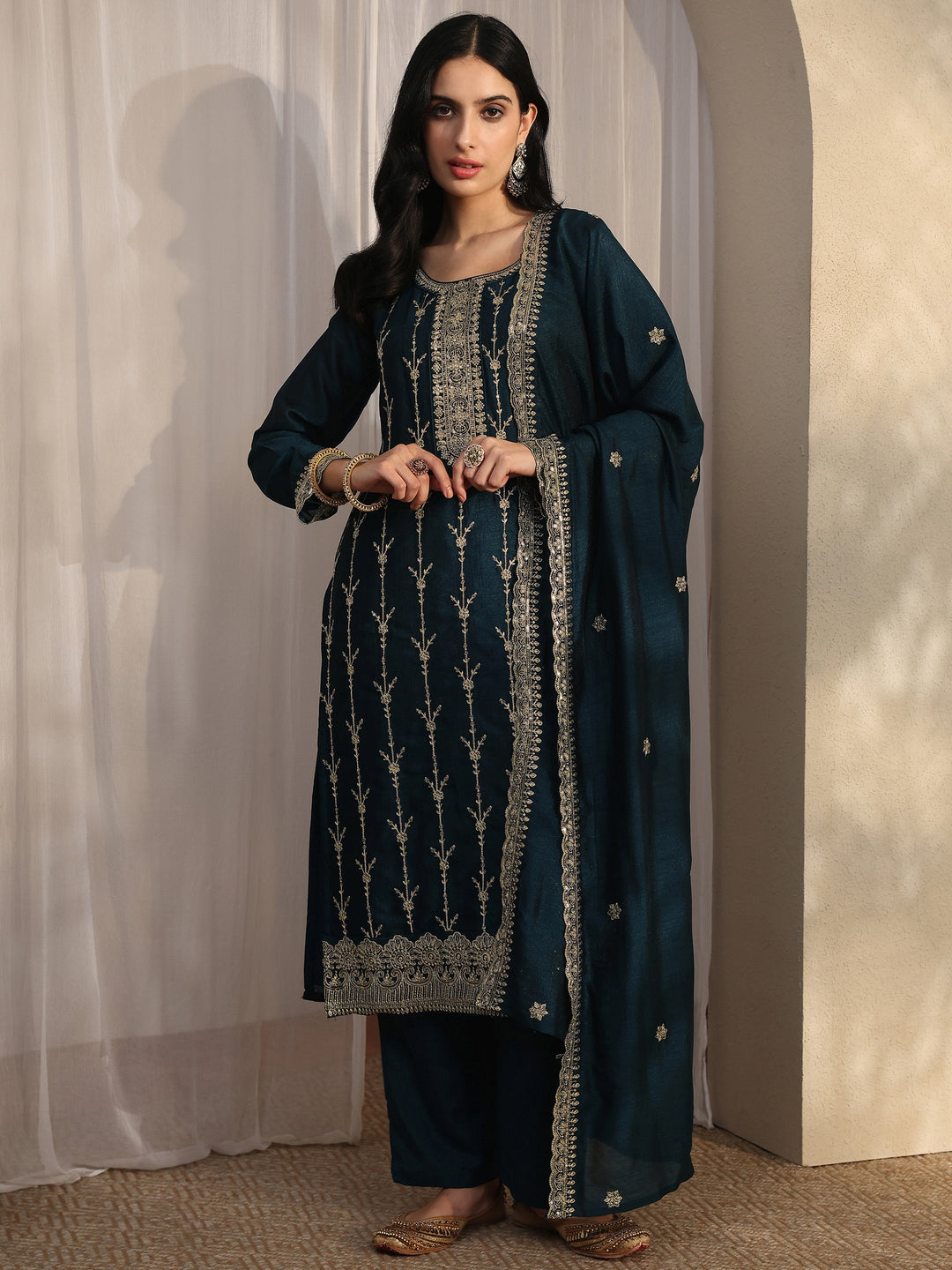 Teal Embroidered Silk Blend Straight Suit Set With Dupatta