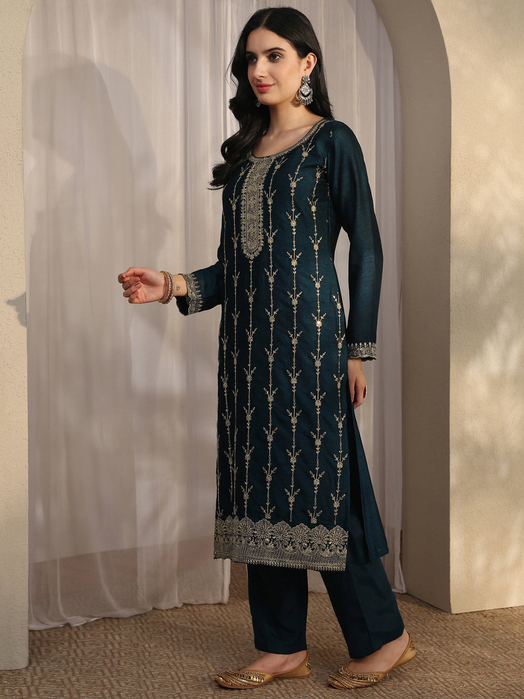 Teal Embroidered Silk Blend Straight Suit Set With Dupatta