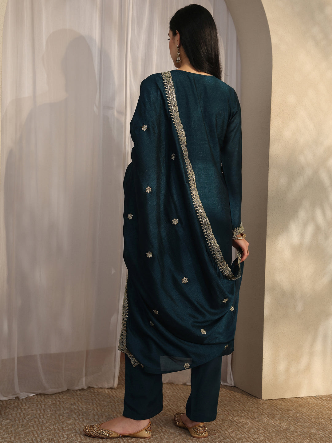 Teal Embroidered Silk Blend Straight Suit Set With Dupatta