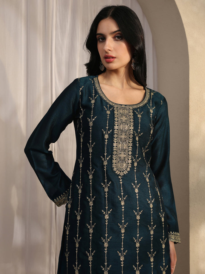 Teal Embroidered Silk Blend Straight Suit Set With Dupatta