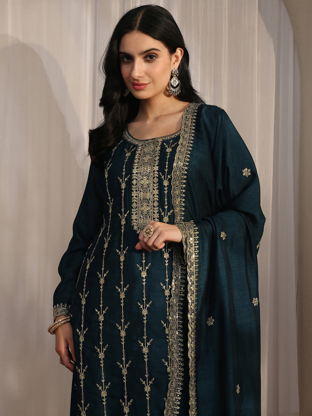 Teal Embroidered Silk Blend Straight Suit Set With Dupatta
