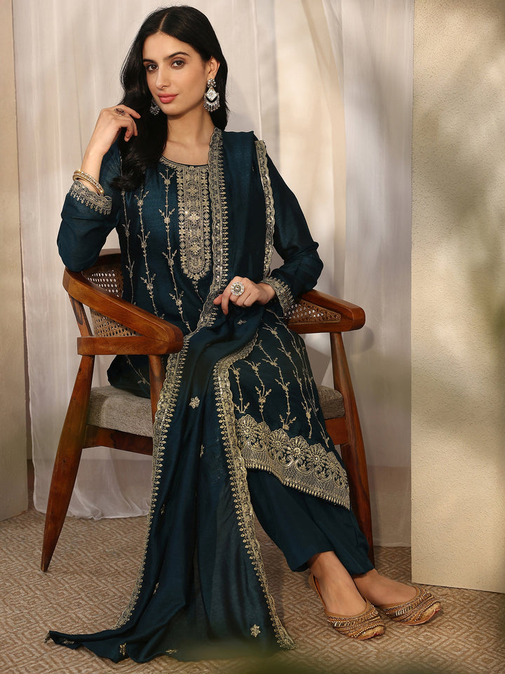 Teal Embroidered Silk Blend Straight Suit Set With Dupatta
