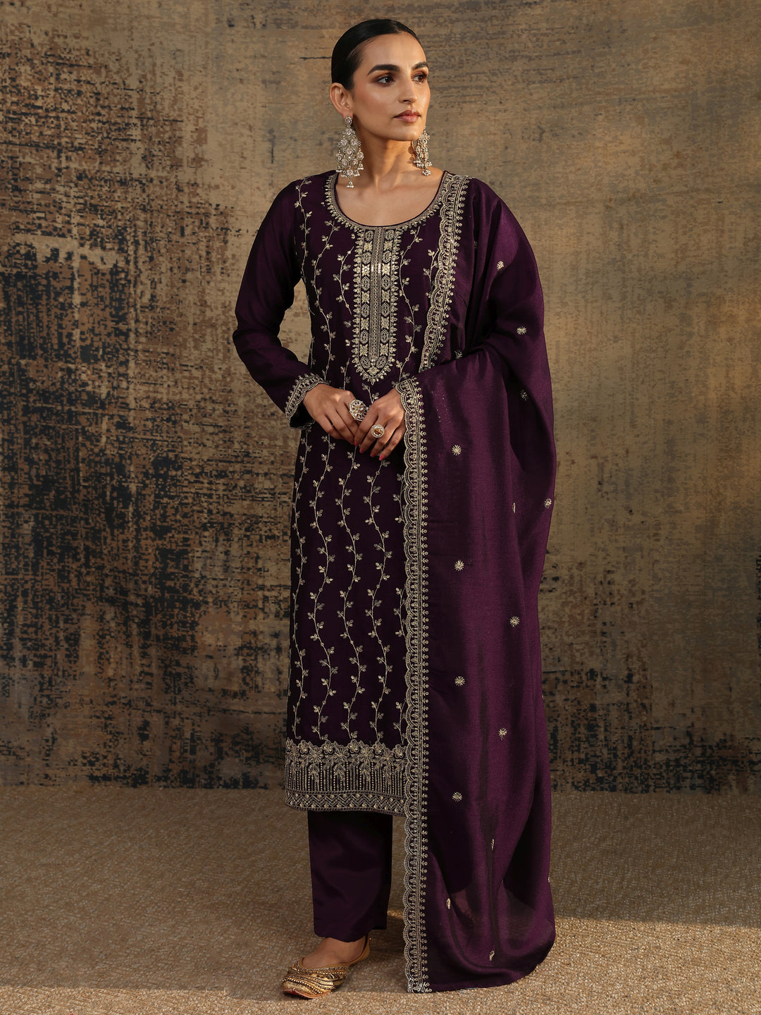 Burgundy Embroidered Silk Blend Straight Suit Set With Dupatta