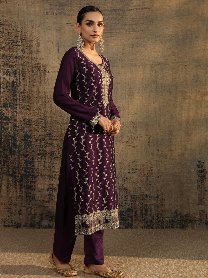 Burgundy Embroidered Silk Blend Straight Suit Set With Dupatta