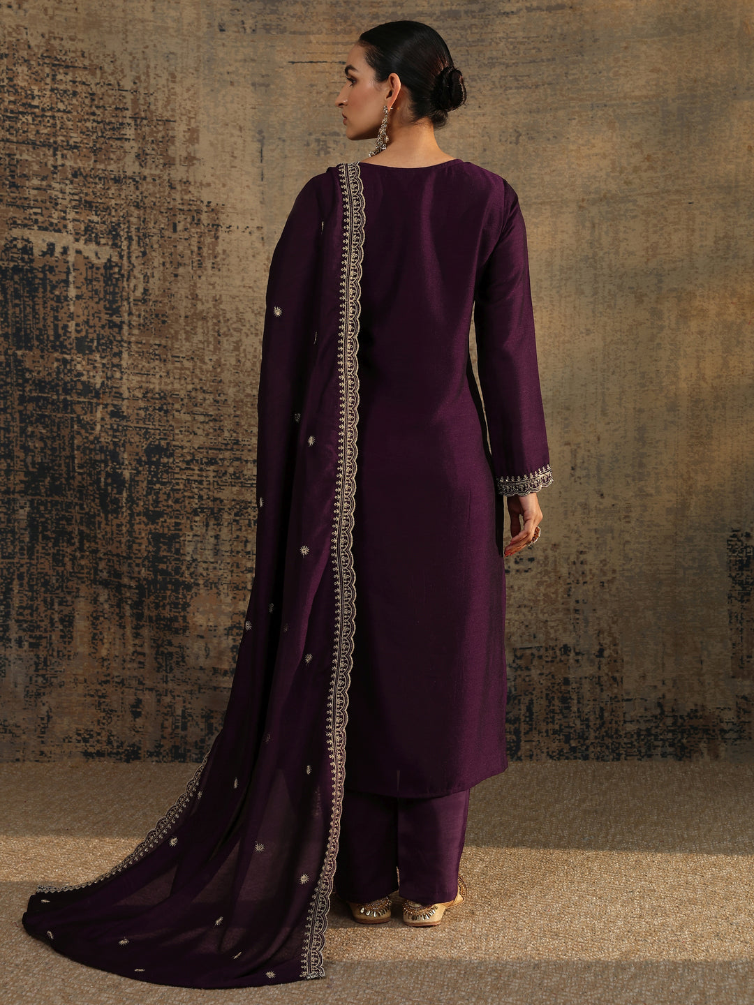 Burgundy Embroidered Silk Blend Straight Suit Set With Dupatta