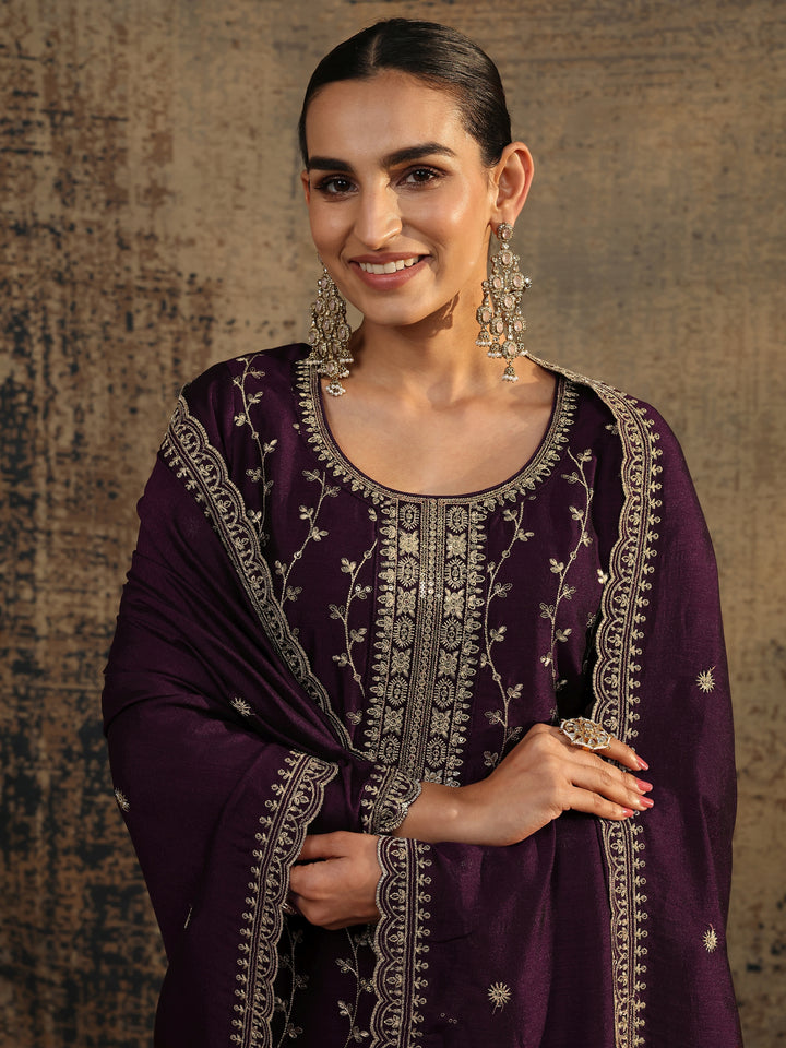 Burgundy Embroidered Silk Blend Straight Suit Set With Dupatta