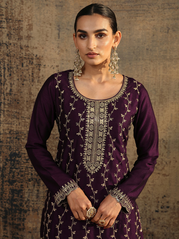 Burgundy Embroidered Silk Blend Straight Suit Set With Dupatta