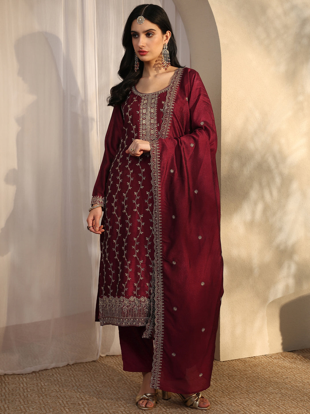Maroon Embroidered Silk Blend Straight Suit Set With Dupatta