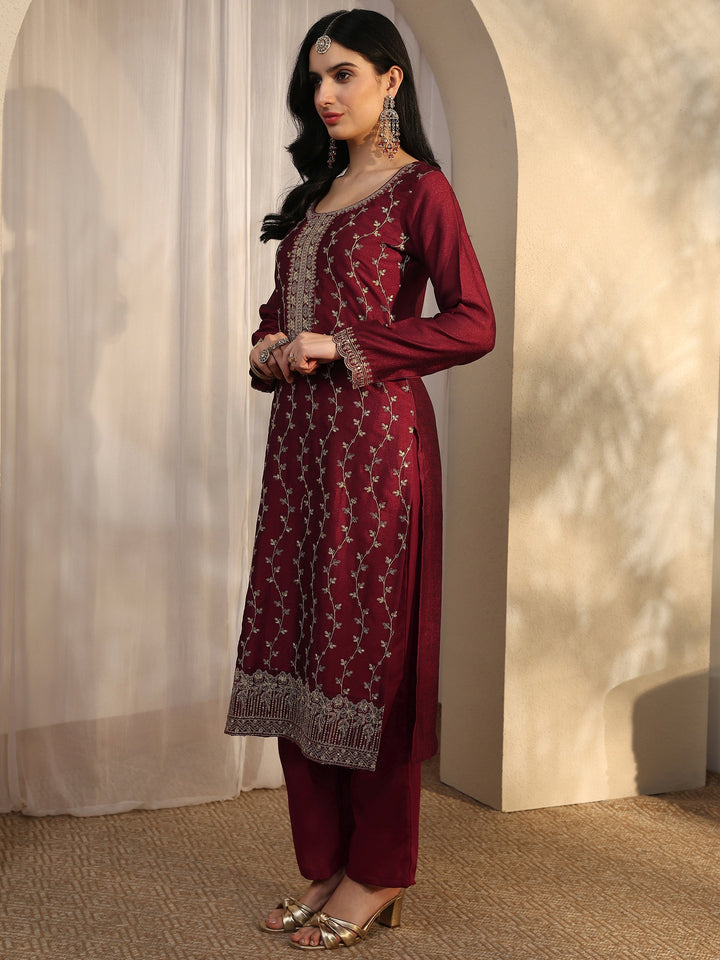 Maroon Embroidered Silk Blend Straight Suit Set With Dupatta