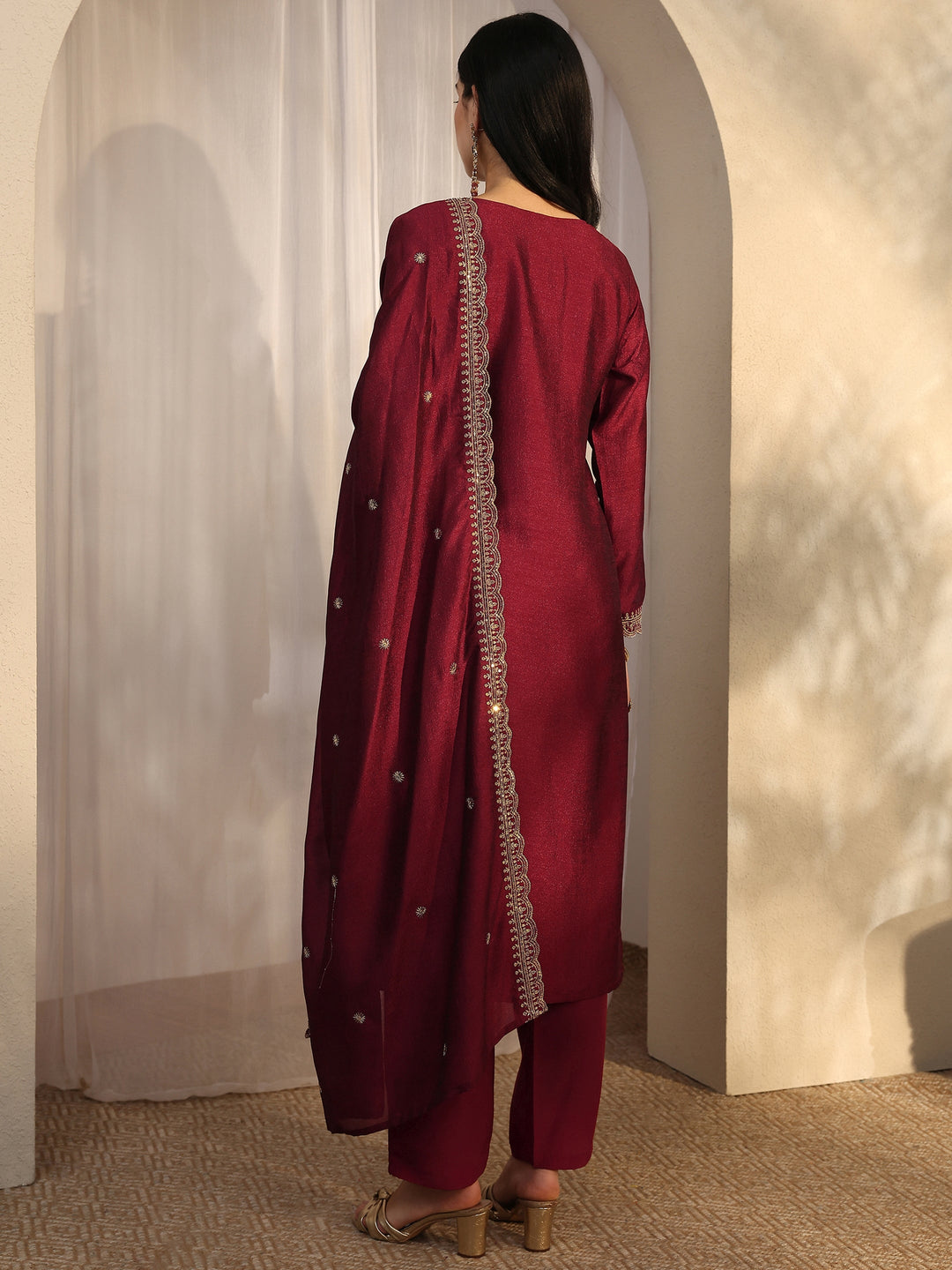 Maroon Embroidered Silk Blend Straight Suit Set With Dupatta