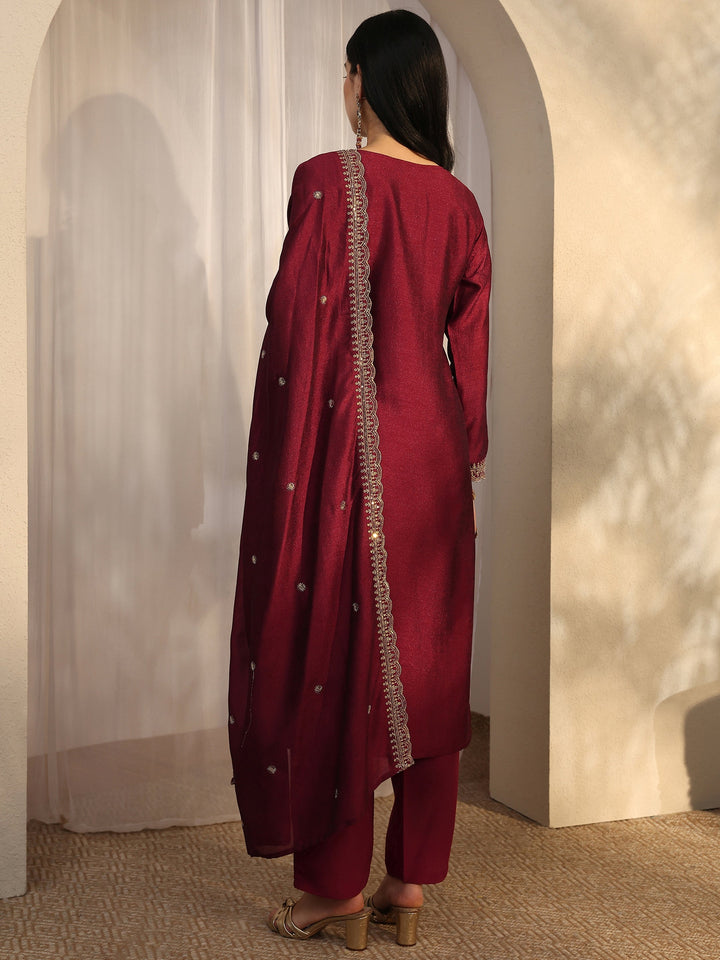 Maroon Embroidered Silk Blend Straight Suit Set With Dupatta
