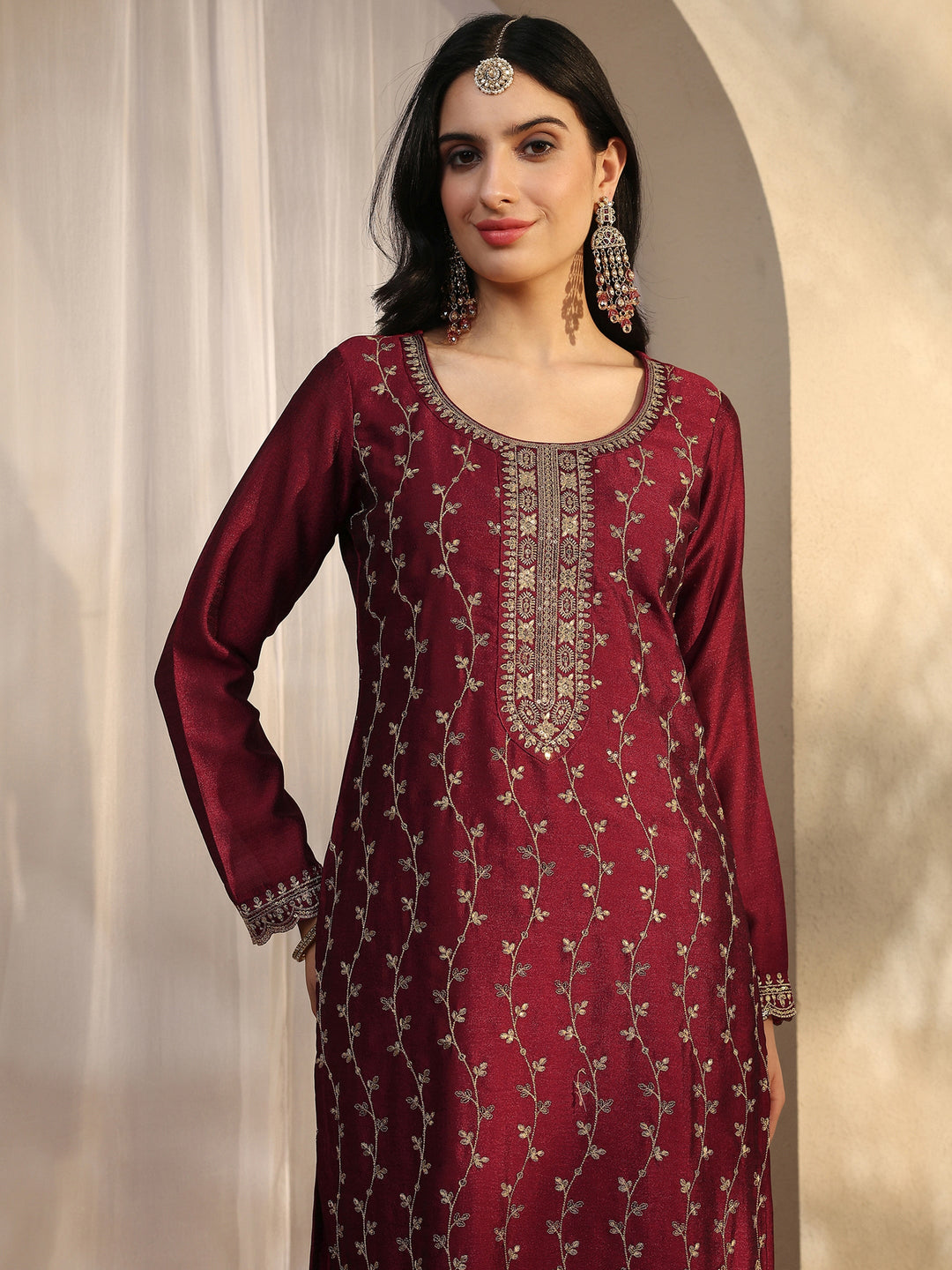 Maroon Embroidered Silk Blend Straight Suit Set With Dupatta