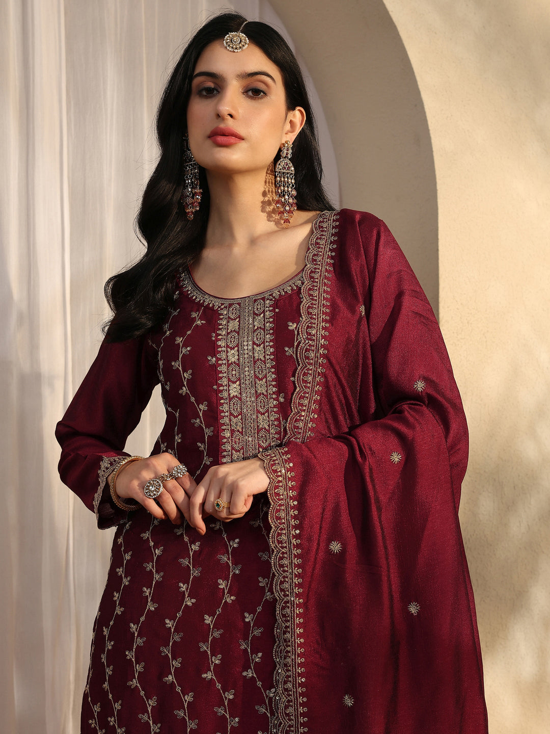 Maroon Embroidered Silk Blend Straight Suit Set With Dupatta