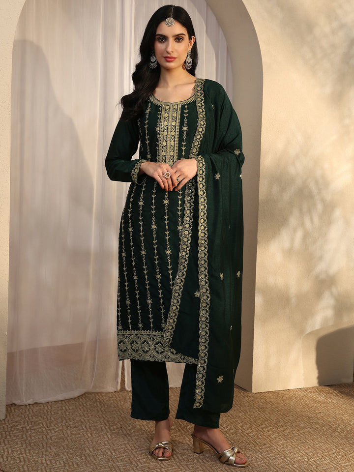 Green Embroidered Silk Blend Straight Suit Set With Dupatta