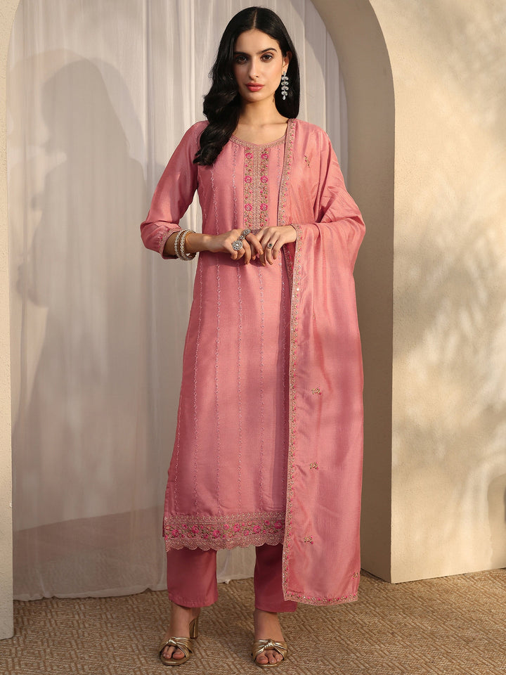 Peach Embroidered Silk Blend Straight Suit Set With Dupatta