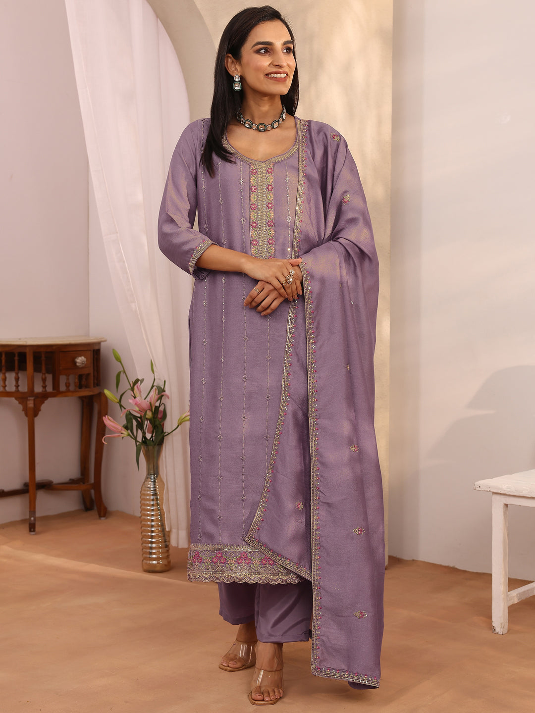 Lavender Embroidered Silk Blend Straight Suit Set With Dupatta