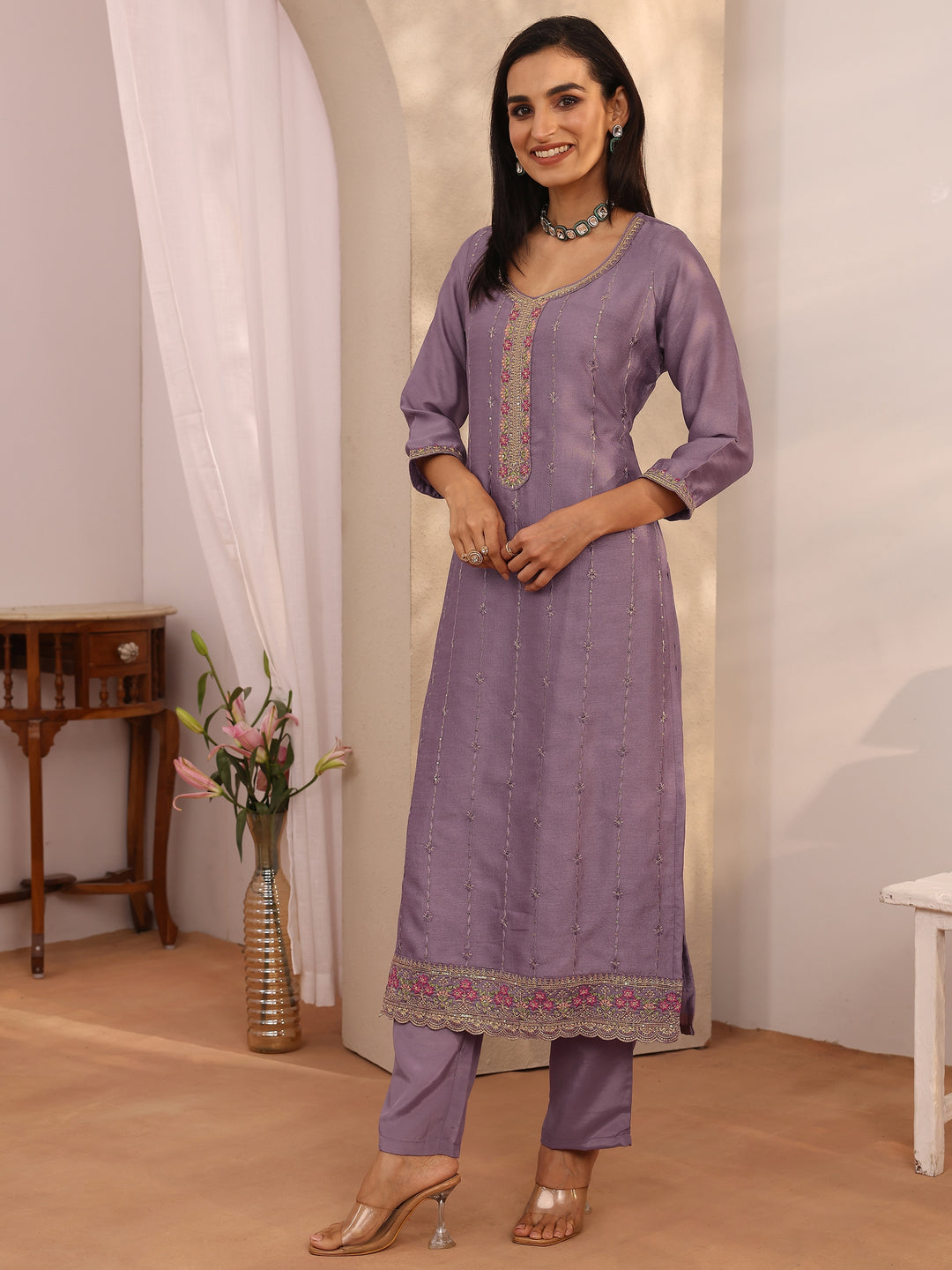 Lavender Embroidered Silk Blend Straight Suit Set With Dupatta