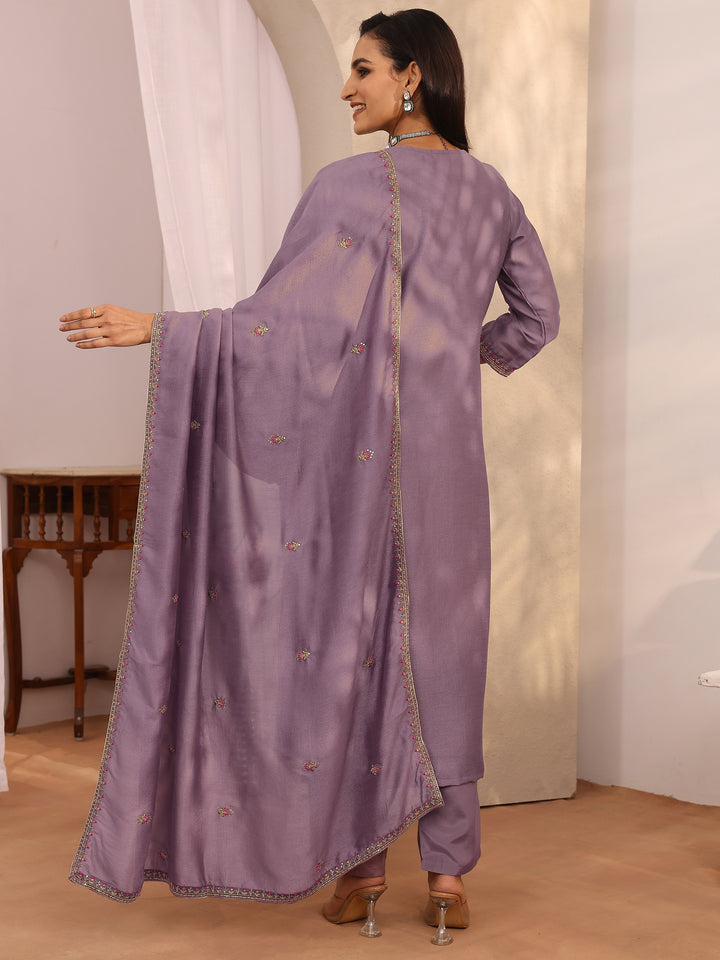 Lavender Embroidered Silk Blend Straight Suit Set With Dupatta