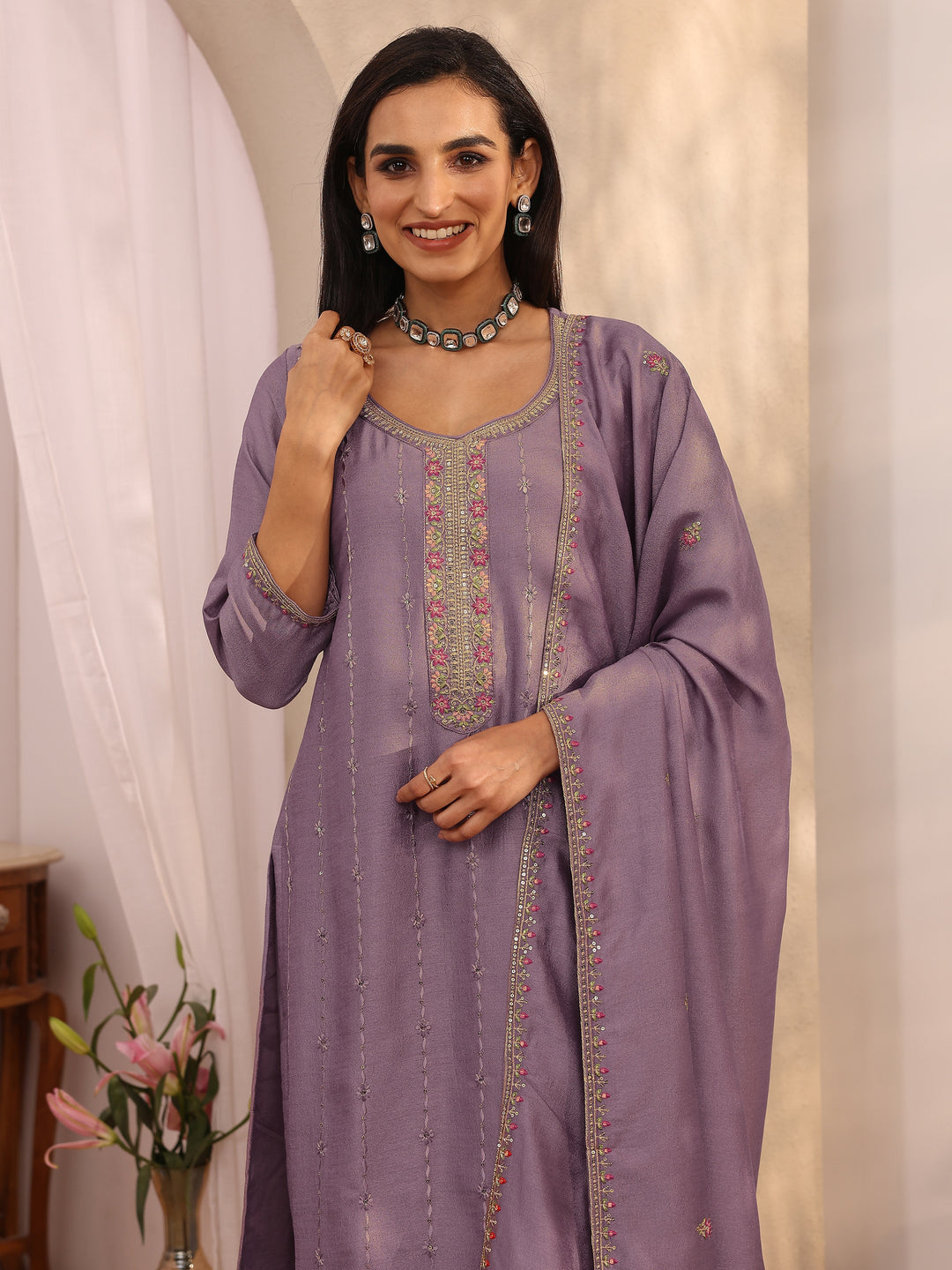 Lavender Embroidered Silk Blend Straight Suit Set With Dupatta
