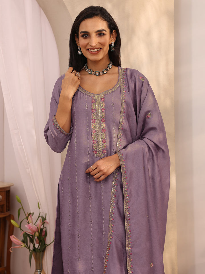 Lavender Embroidered Silk Blend Straight Suit Set With Dupatta