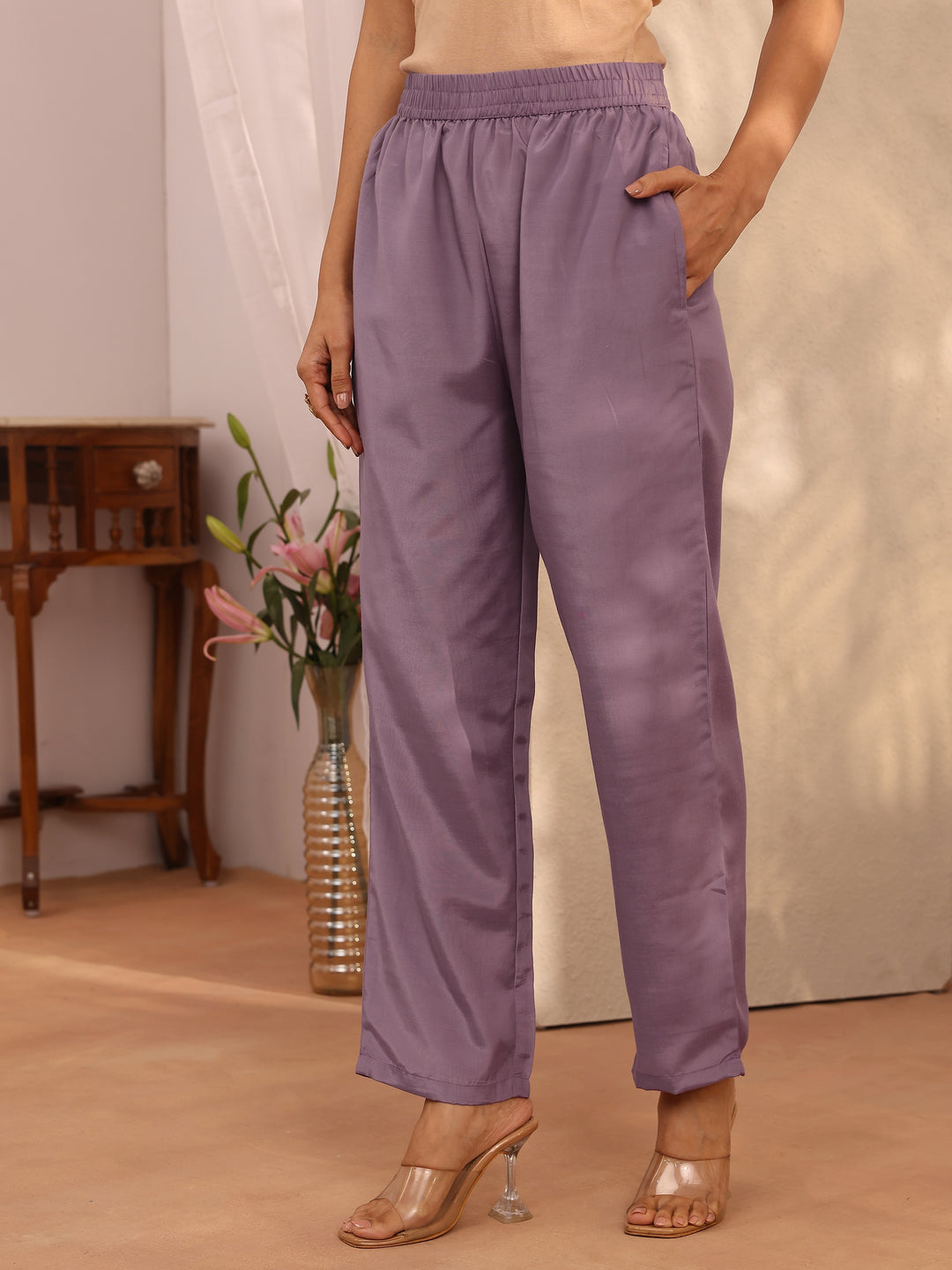 Lavender Embroidered Silk Blend Straight Suit Set With Dupatta