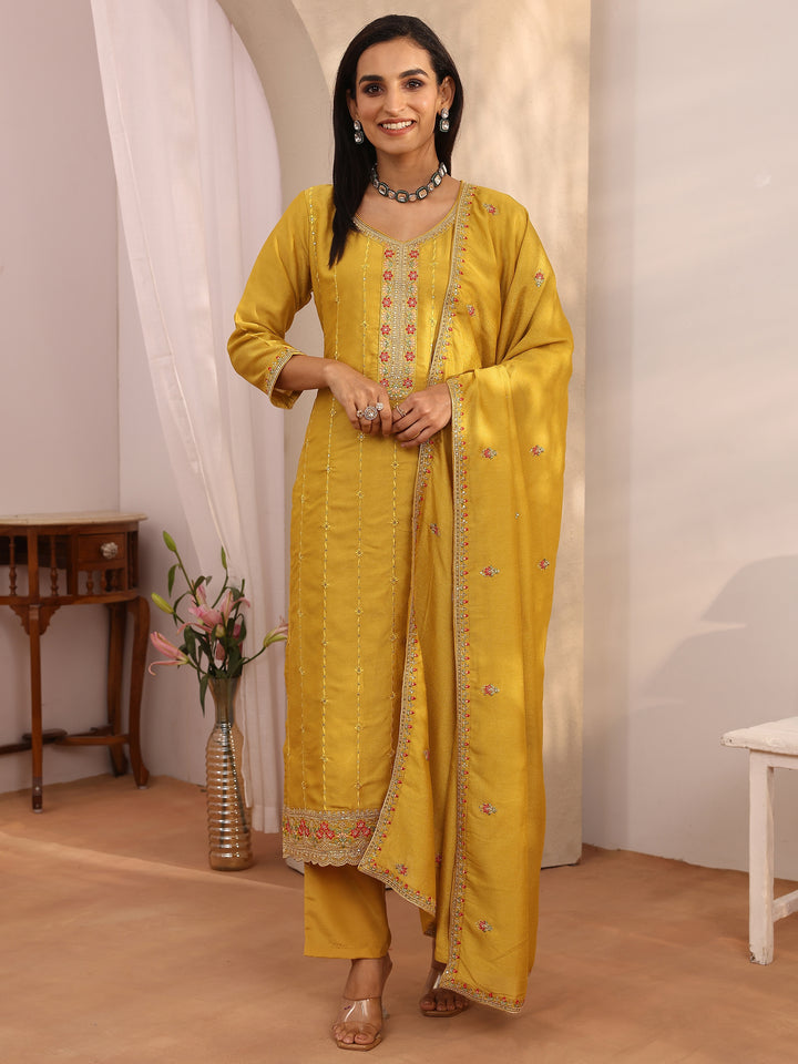Mustard Embroidered Silk blend Straight Suit Set With Dupatta