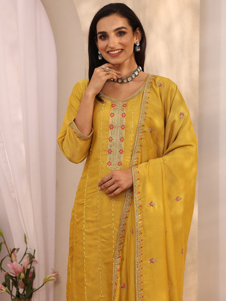Mustard Embroidered Silk blend Straight Suit Set With Dupatta