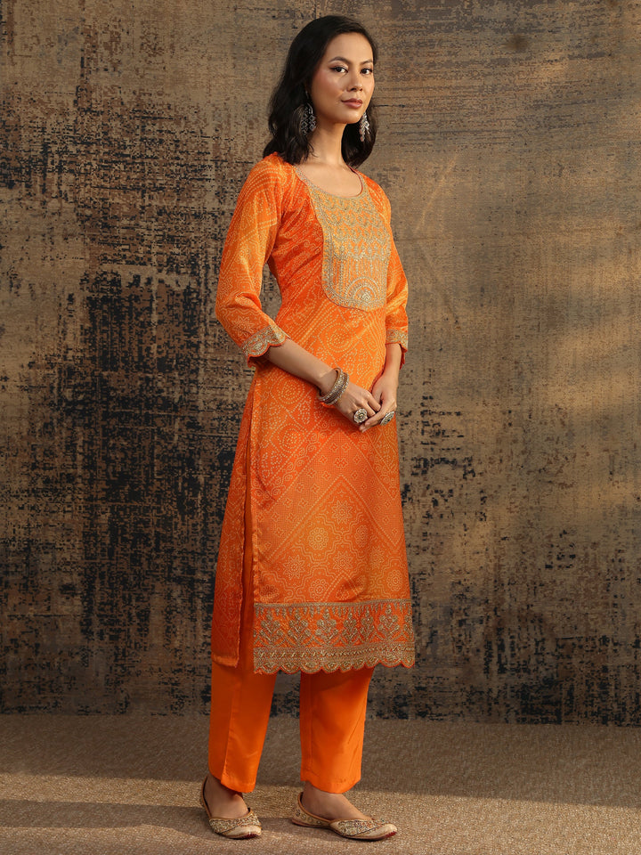 Orange Bandhani Printed Chinon Straight Suit Set With Dupatta