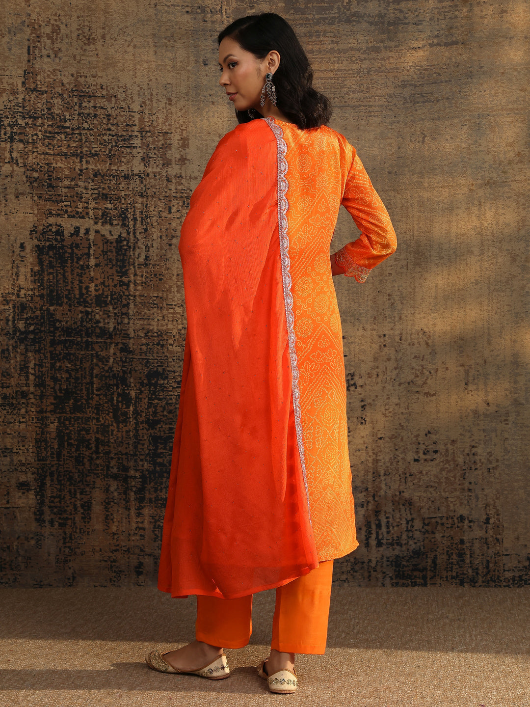 Orange Bandhani Printed Chinon Straight Suit Set With Dupatta