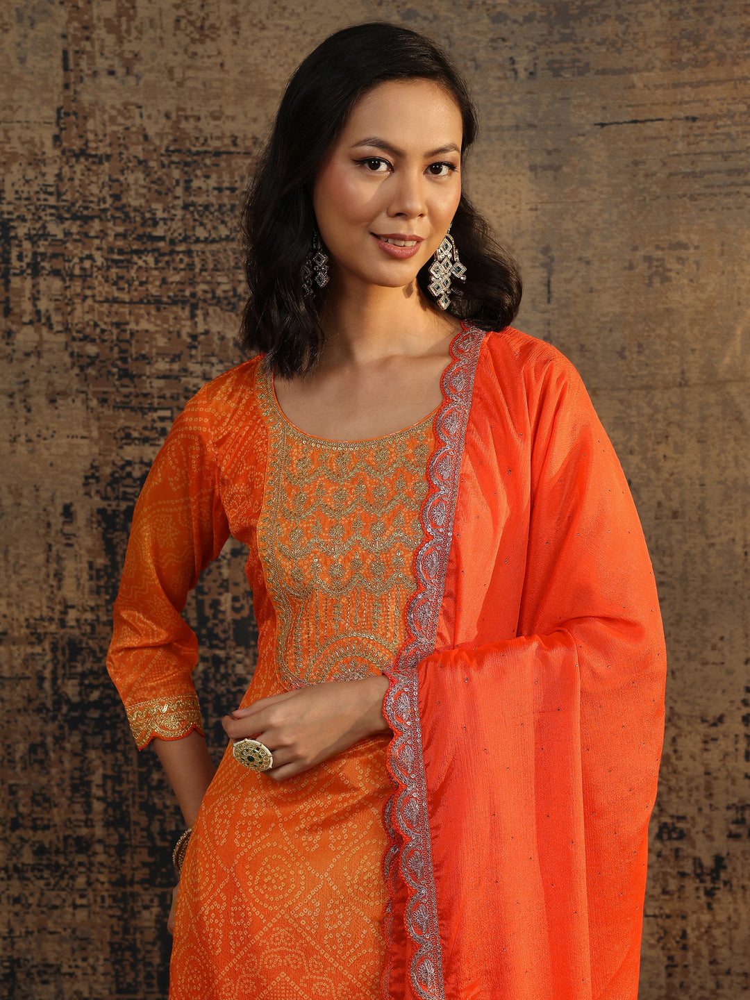 Orange Bandhani Printed Chinon Straight Suit Set With Dupatta