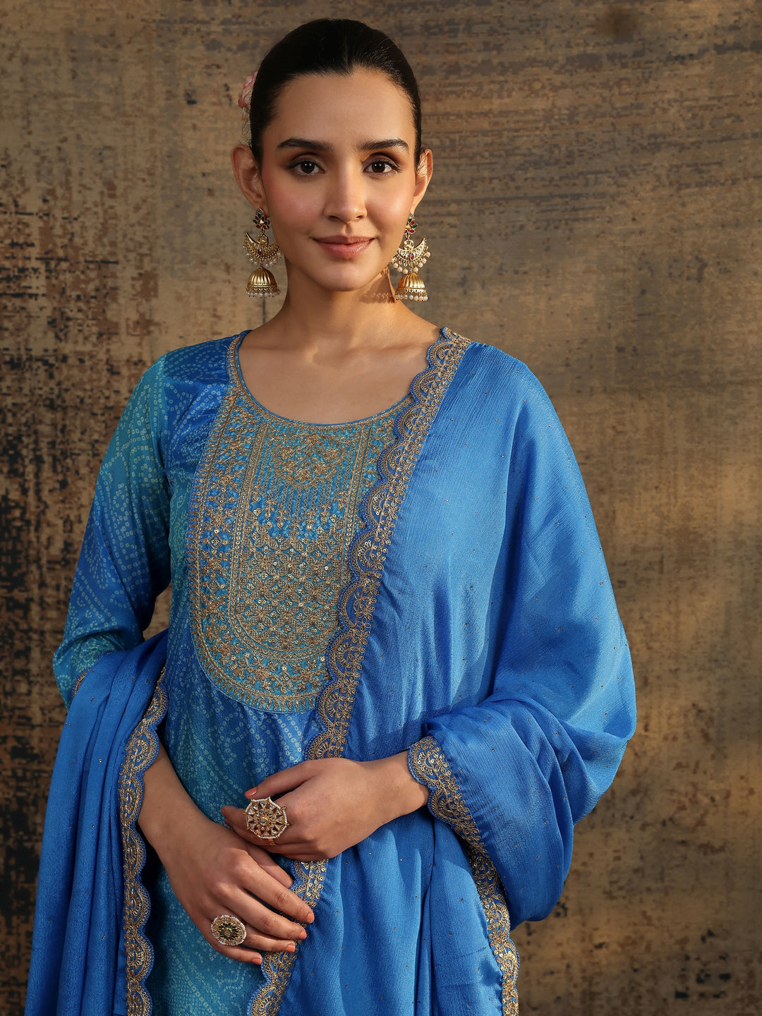 Blue Bandhani Printed Chinon Straight Suit Set With Dupatta