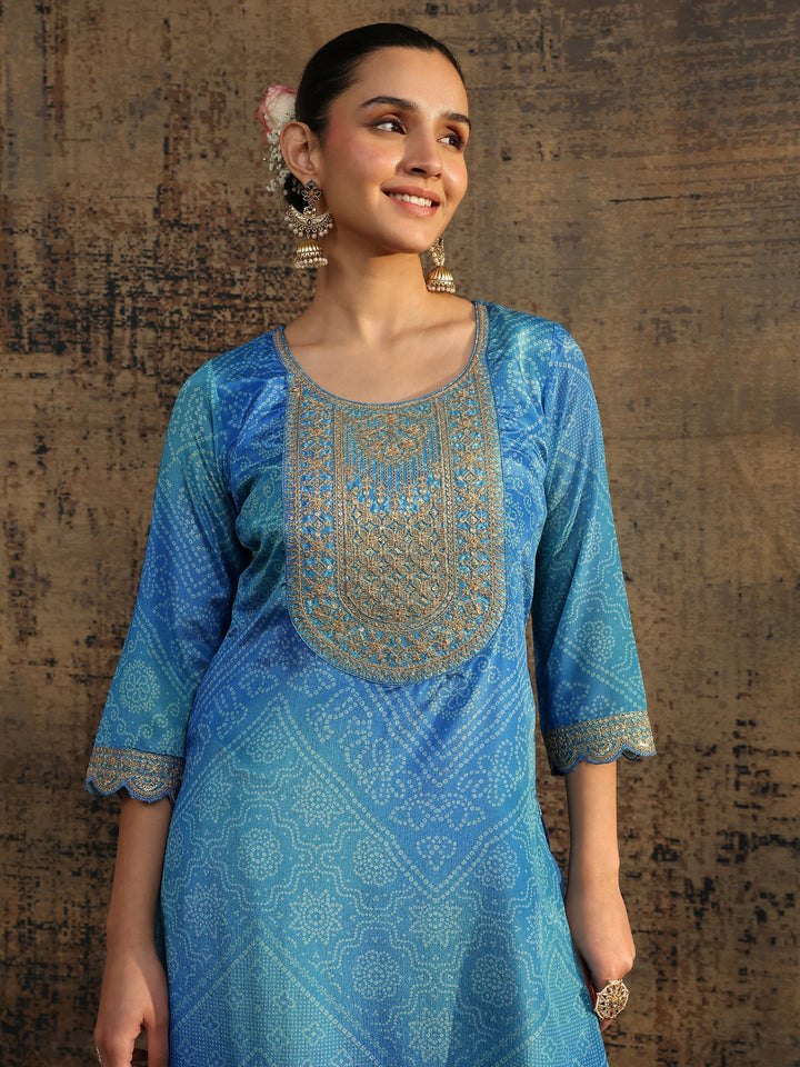 Blue Bandhani Printed Chinon Straight Suit Set With Dupatta