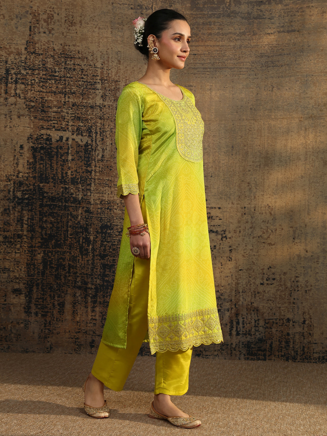 Lime Green Bandhani Embroidered Chinon Straight Suit Set With Dupatta