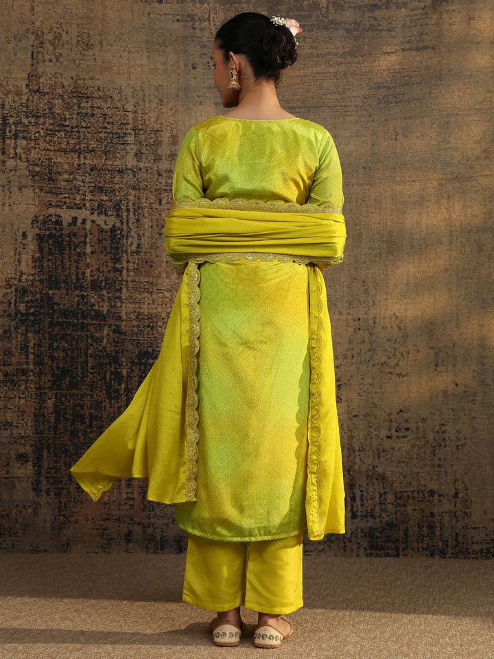 Lime Green Bandhani Embroidered Chinon Straight Suit Set With Dupatta