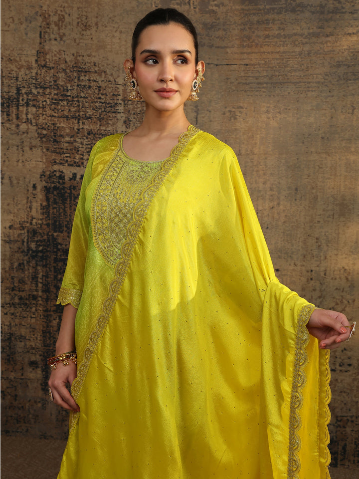Lime Green Bandhani Embroidered Chinon Straight Suit Set With Dupatta