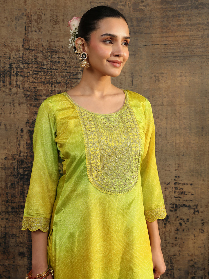 Lime Green Bandhani Embroidered Chinon Straight Suit Set With Dupatta