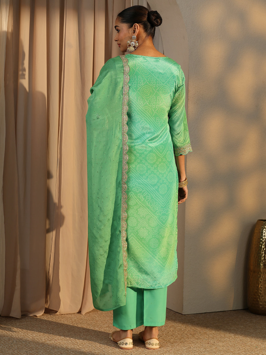 Green Bandhani Printed Chinon Straight Suit Set With Dupatta