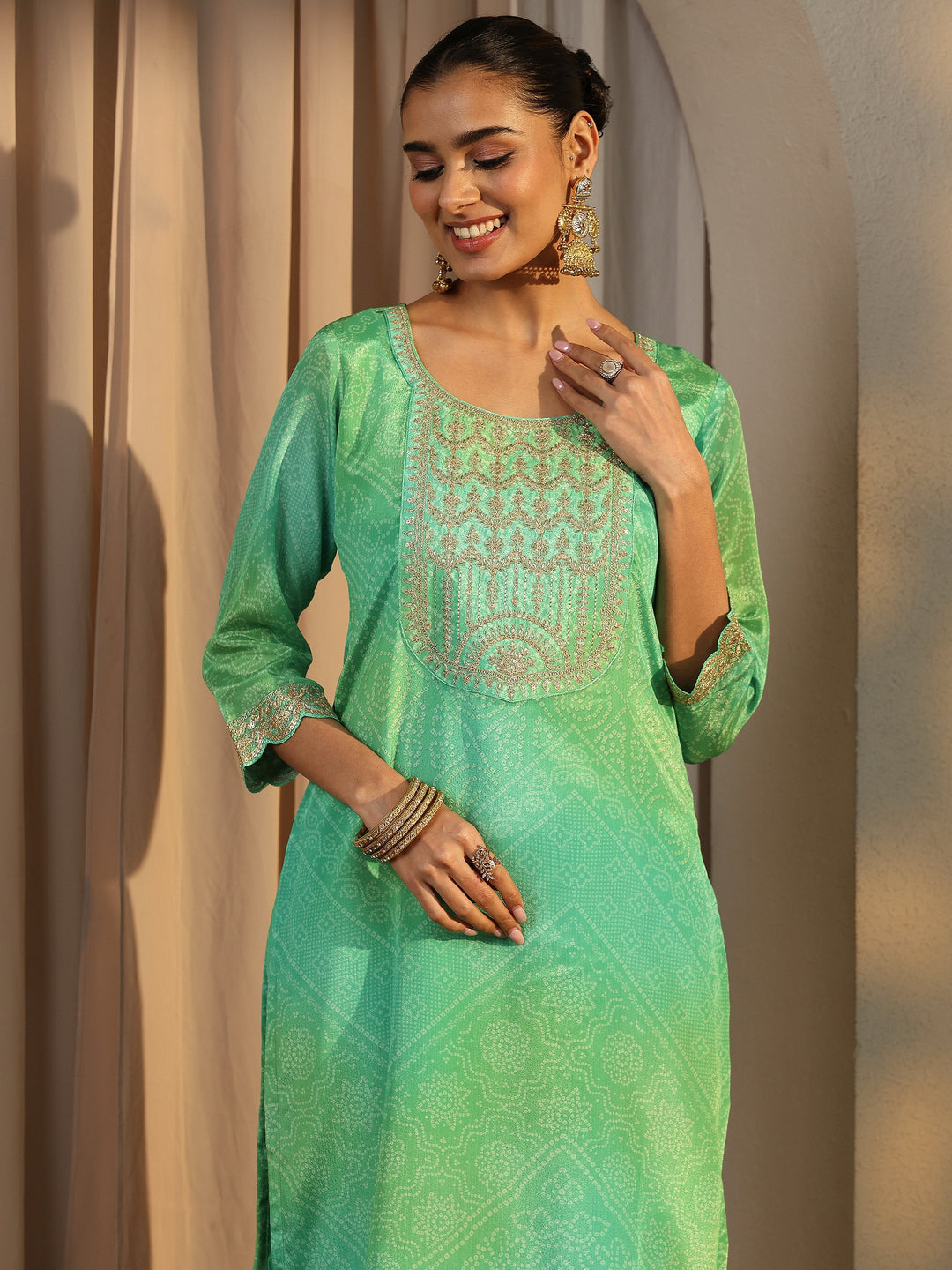 Green Bandhani Printed Chinon Straight Suit Set With Dupatta