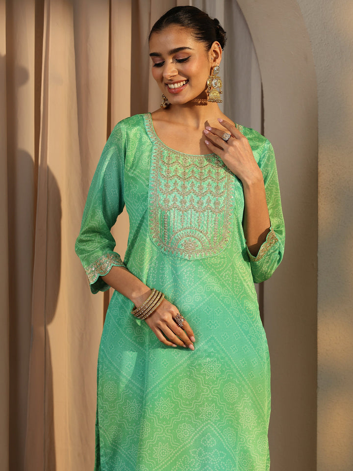 Green Bandhani Printed Chinon Straight Suit Set With Dupatta
