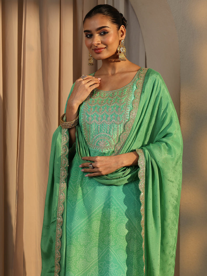 Green Bandhani Printed Chinon Straight Suit Set With Dupatta