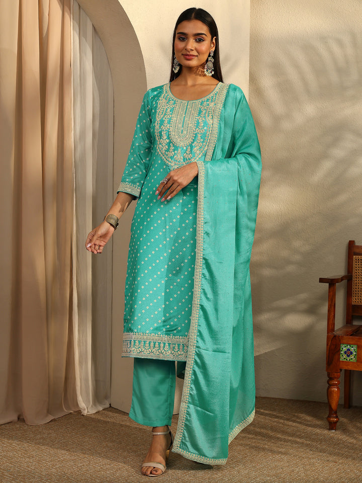 Blue Bandhani Printed Chinon Straight Suit Set With Dupatta