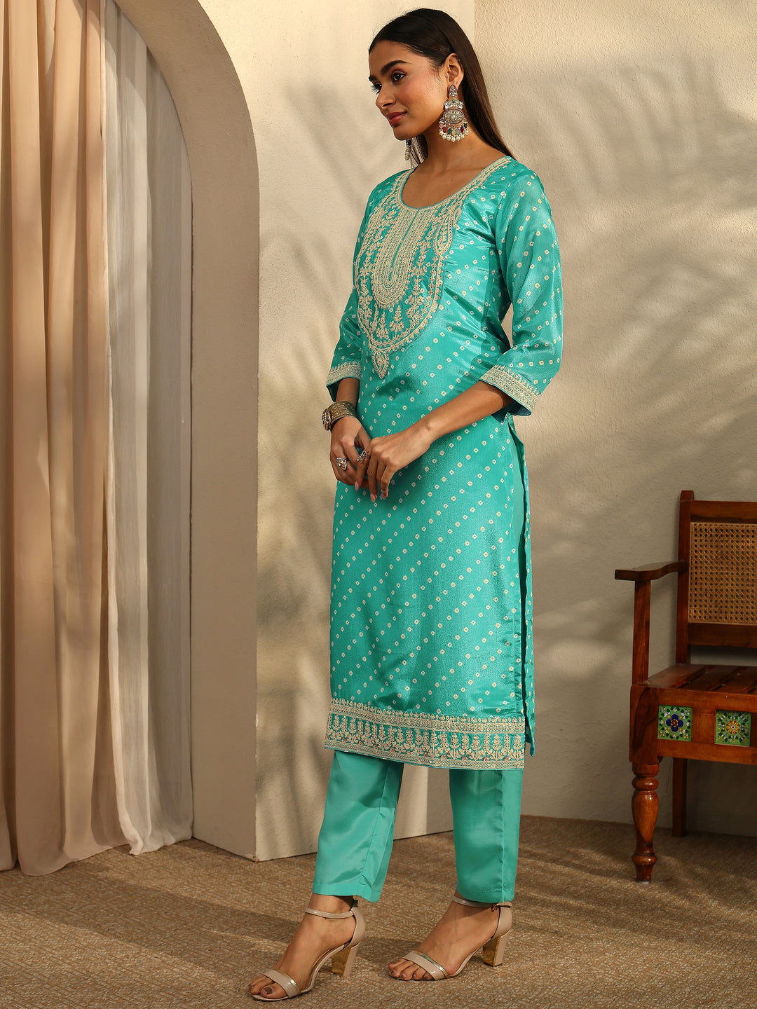 Blue Bandhani Printed Chinon Straight Suit Set With Dupatta