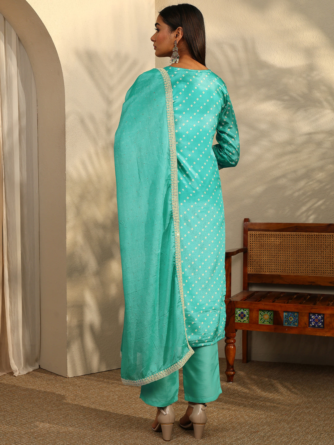 Blue Bandhani Printed Chinon Straight Suit Set With Dupatta