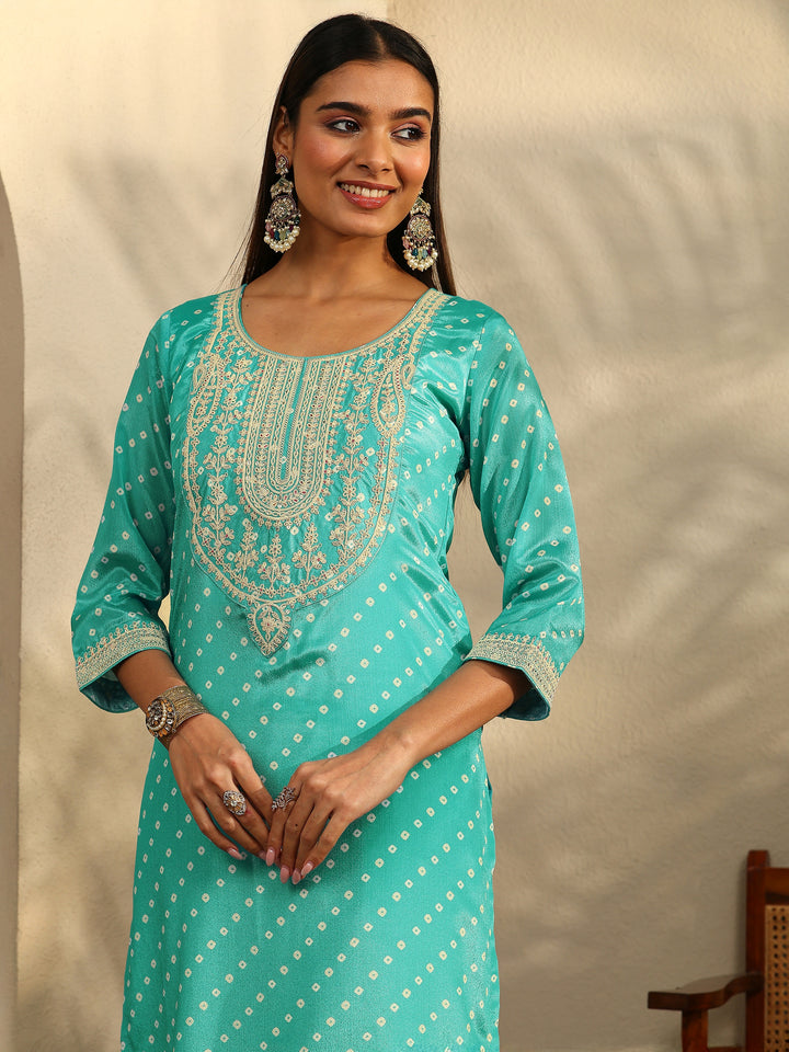 Blue Bandhani Printed Chinon Straight Suit Set With Dupatta