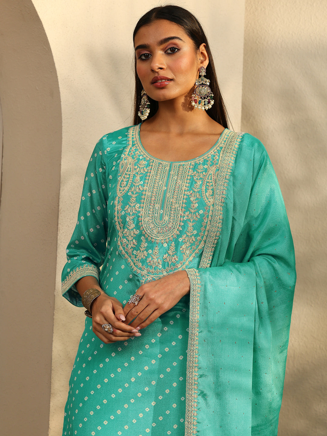 Blue Bandhani Printed Chinon Straight Suit Set With Dupatta