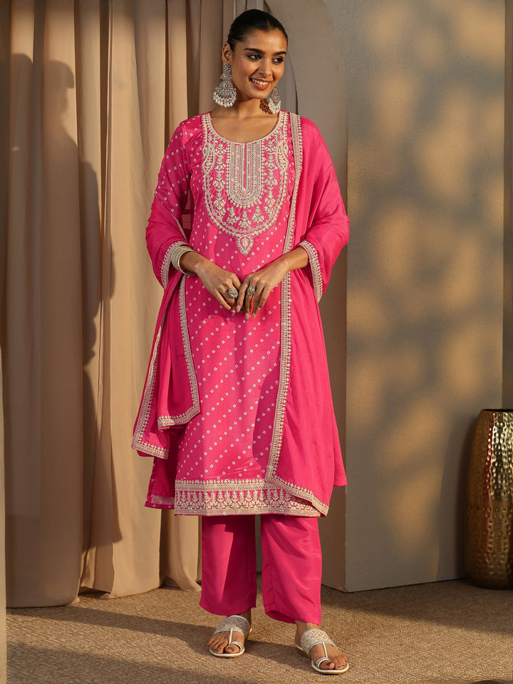 Pink Bandhani Printed Chinon Straight Suit Set With Dupatta