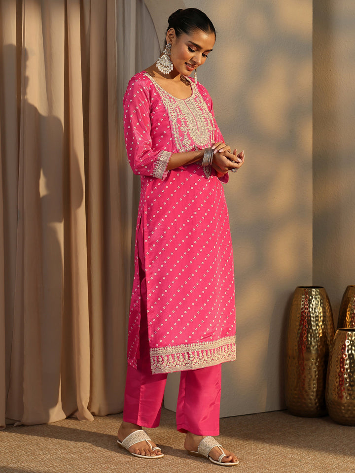 Pink Bandhani Printed Chinon Straight Suit Set With Dupatta