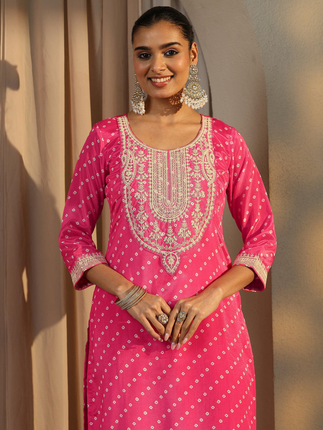 Pink Bandhani Printed Chinon Straight Suit Set With Dupatta