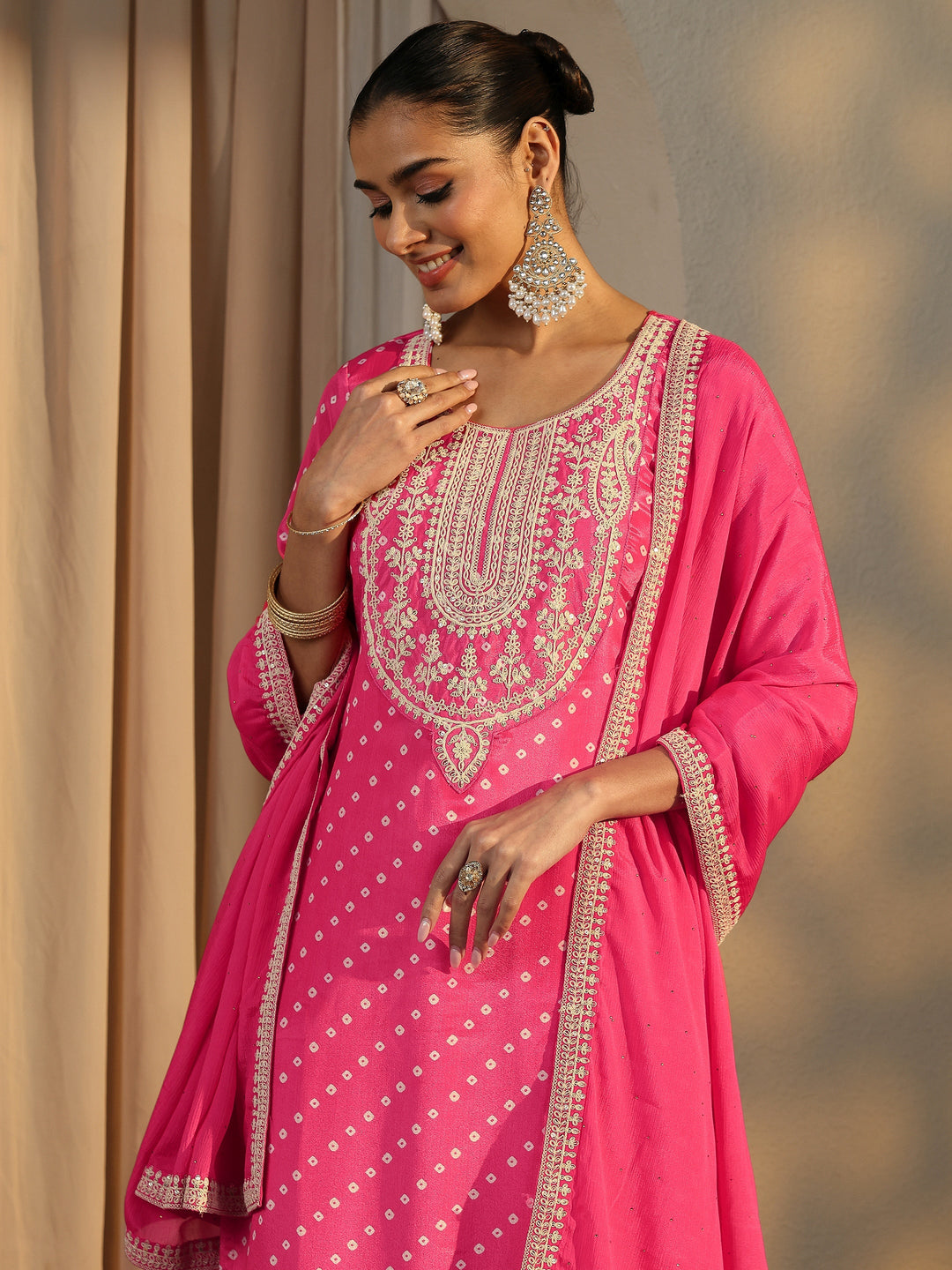 Pink Bandhani Printed Chinon Straight Suit Set With Dupatta
